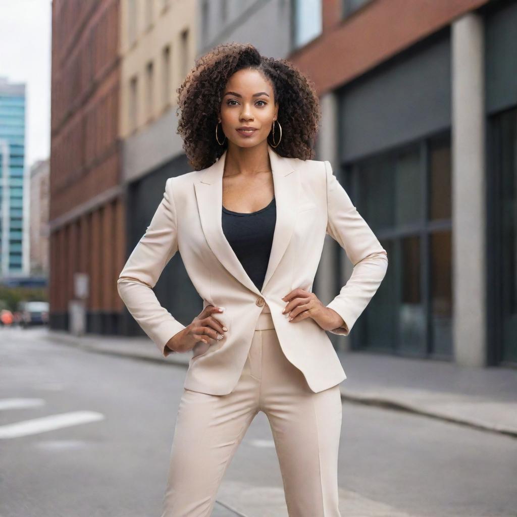 A confident woman in her prime, dressed in a stylish outfit, striking an empowering pose against a bright, urban background.