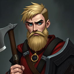 A serious Dungeons & Dragons character design featuring a 23-year-old man with a short blond hairstyle and a well-groomed beard that adds to his rugged appearance