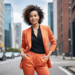 A confident woman in her prime, dressed in a stylish outfit, striking an empowering pose against a bright, urban background.