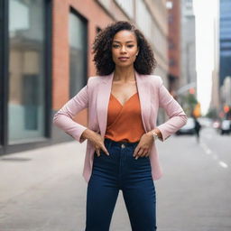 A confident woman in her prime, dressed in a stylish outfit, striking an empowering pose against a bright, urban background.