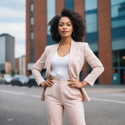 A confident woman in her prime, dressed in a stylish outfit, striking an empowering pose against a bright, urban background.