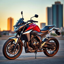 A sleek Honda CB 500 motorcycle parked on an urban street at sunset