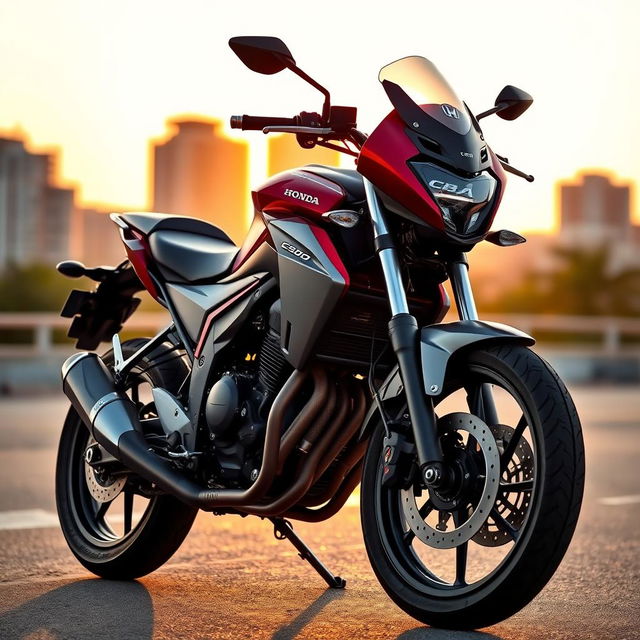 A sleek Honda CB 500 motorcycle parked on an urban street at sunset