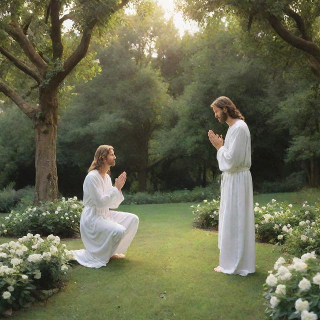 Prophet Adam and Eve engaged in prayer, depicted humbly in a serene, heavenly garden, their attire simple, reflecting piety and purity.