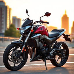 A sleek Honda CB 500 motorcycle parked on an urban street at sunset