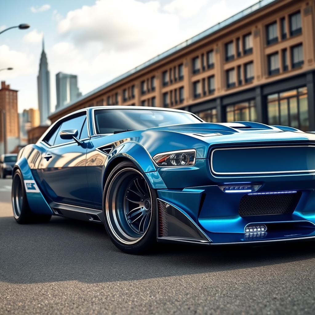 A striking 1968 Chevrolet Camaro with a widebody style fused with futuristic BMW avant-garde elements, featuring a custom hood that emphasizes its supercar characteristics