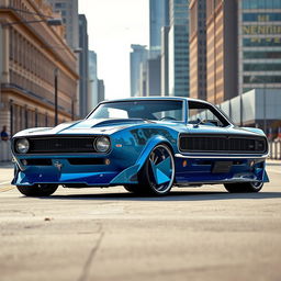 A striking 1968 Chevrolet Camaro with a widebody style fused with futuristic BMW avant-garde elements, featuring a custom hood that emphasizes its supercar characteristics