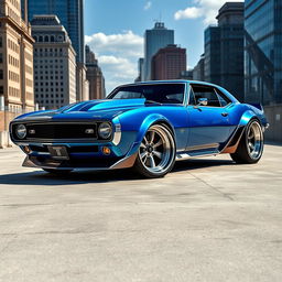 A striking 1968 Chevrolet Camaro with a widebody style fused with futuristic BMW avant-garde elements, featuring a custom hood that emphasizes its supercar characteristics