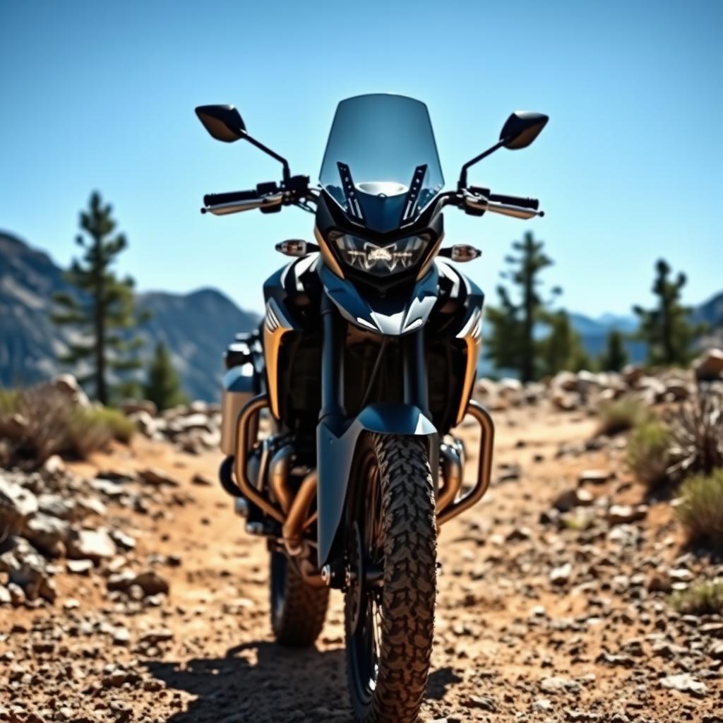 A stunning adventure-ready motorcycle, the Tenere 700, displayed on a rugged off-road trail in a picturesque mountainous landscape