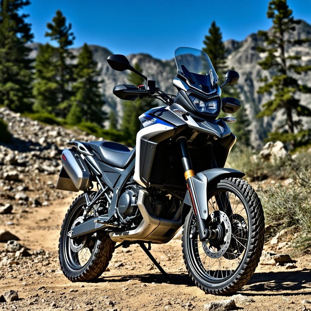 A stunning adventure-ready motorcycle, the Tenere 700, displayed on a rugged off-road trail in a picturesque mountainous landscape