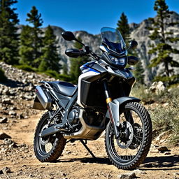 A stunning adventure-ready motorcycle, the Tenere 700, displayed on a rugged off-road trail in a picturesque mountainous landscape