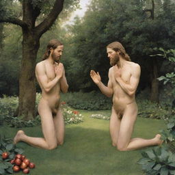 Prophet Adam and Eve engaged in prayer, depicted humbly in a serene, heavenly garden, their attire simple, reflecting piety and purity.