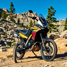 A stunning adventure-ready motorcycle, the Tenere 700, displayed on a rugged off-road trail in a picturesque mountainous landscape