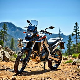 A stunning adventure-ready motorcycle, the Tenere 700, displayed on a rugged off-road trail in a picturesque mountainous landscape