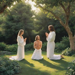 Prophet Adam and Eve engaged in prayer, depicted humbly in a serene, heavenly garden, their attire simple, reflecting piety and purity.