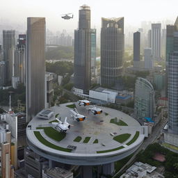 A daytime aerial view of two helicopters situated atop the helipad of the Police Headquarters, located in the heart of a bustling central business district, amidst a cityscape of towering structures.