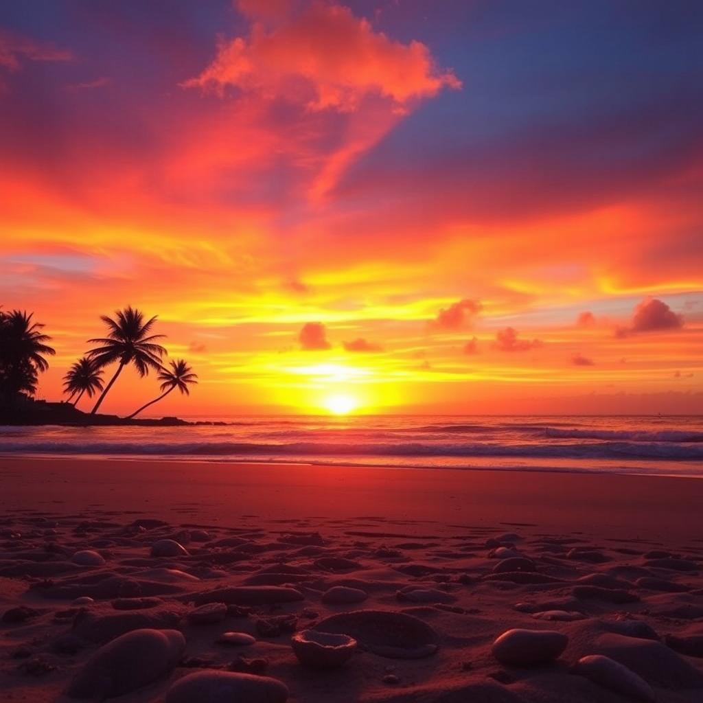 A breathtaking sunset over a serene beach, with vibrant hues of orange, pink, and purple filling the sky