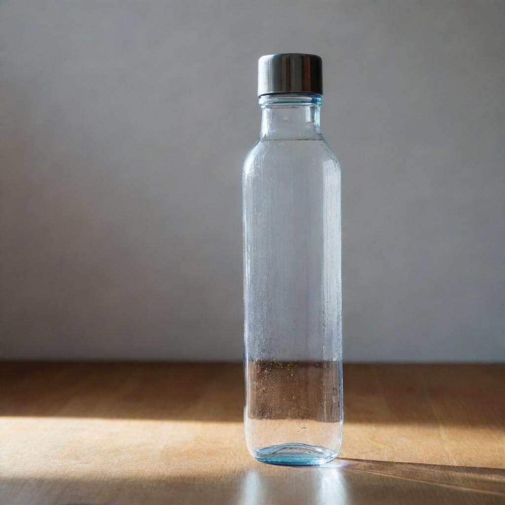 A transparent water bottle filled with pure, refreshing water, reflecting ambient light beautifully.