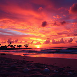 A breathtaking sunset over a serene beach, with vibrant hues of orange, pink, and purple filling the sky