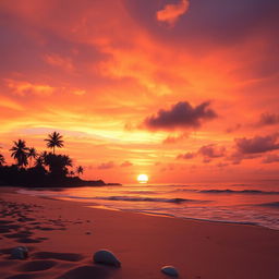 A breathtaking sunset over a serene beach, with vibrant hues of orange, pink, and purple filling the sky