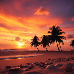 A breathtaking sunset over a serene beach, with vibrant hues of orange, pink, and purple filling the sky