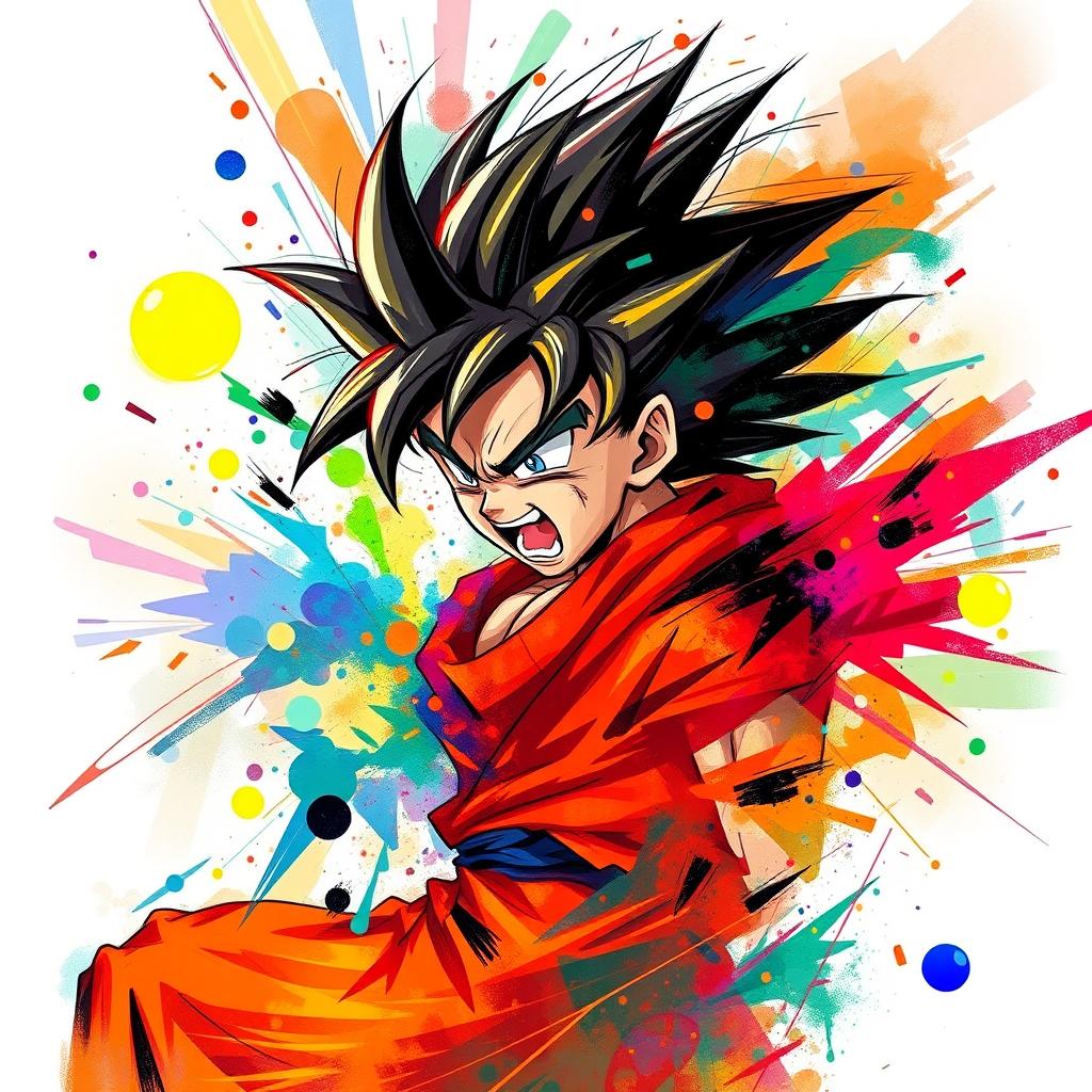 An abstract representation of Goku from Dragon Ball, expressing anger through swirling, dynamic shapes and an explosion of vivid colors