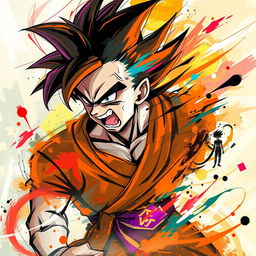 An abstract representation of Goku from Dragon Ball, expressing anger through swirling, dynamic shapes and an explosion of vivid colors