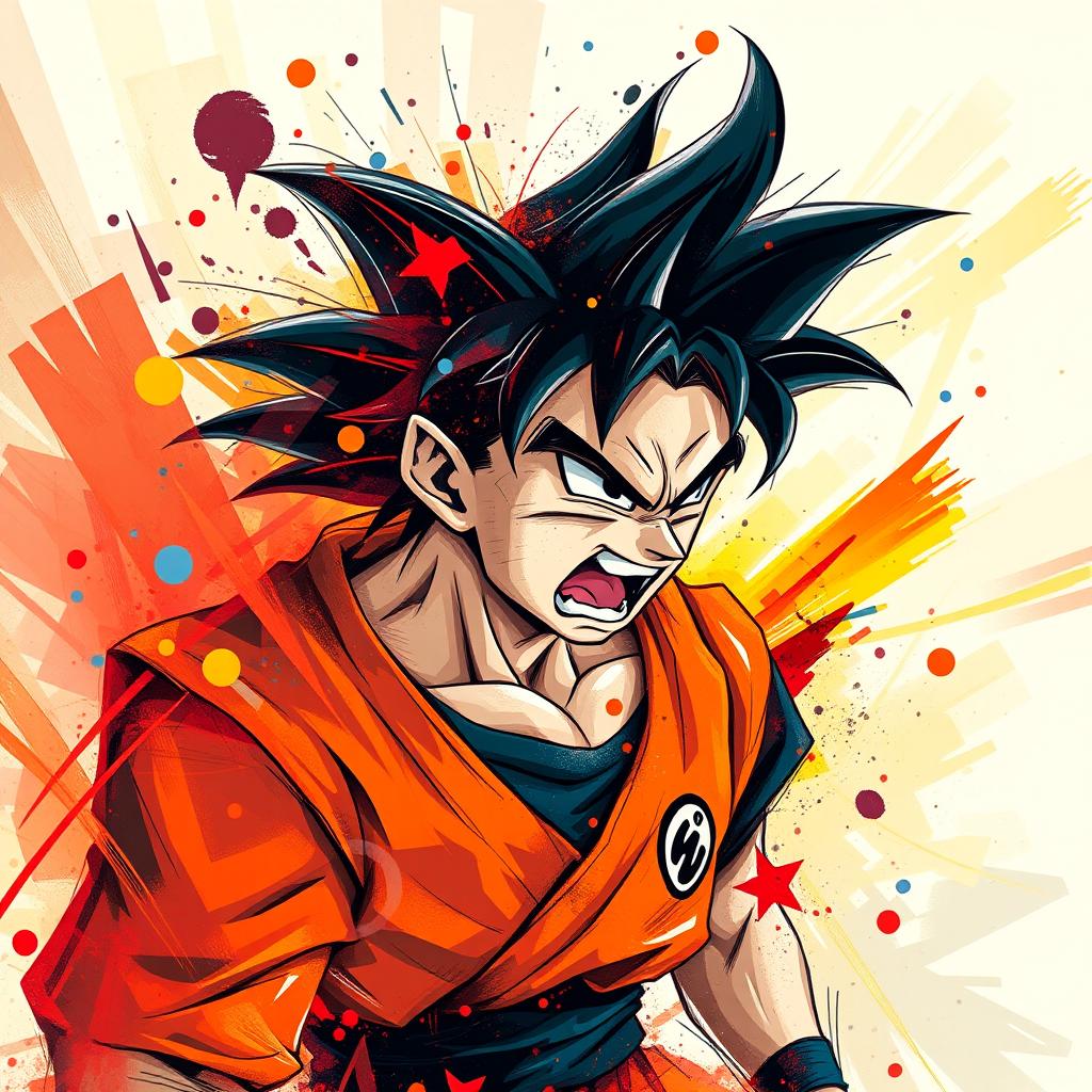 An abstract representation of Goku from Dragon Ball, expressing anger through swirling, dynamic shapes and an explosion of vivid colors