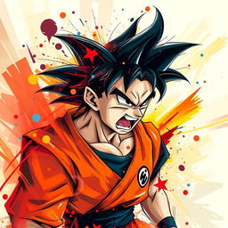 An abstract representation of Goku from Dragon Ball, expressing anger through swirling, dynamic shapes and an explosion of vivid colors