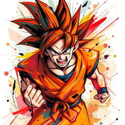 An abstract representation of Goku from Dragon Ball, expressing anger through swirling, dynamic shapes and an explosion of vivid colors