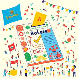 A vibrant illustration of a colorful 'boleta única' (single ballot) used in elections, featuring intricate designs representing civic duty and democracy