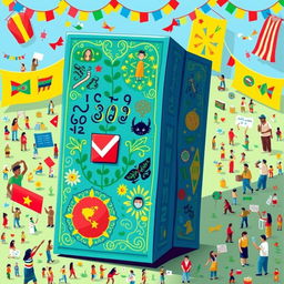 A vibrant illustration of a colorful 'boleta única' (single ballot) used in elections, featuring intricate designs representing civic duty and democracy