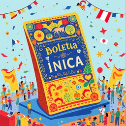 A vibrant illustration of a colorful 'boleta única' (single ballot) used in elections, featuring intricate designs representing civic duty and democracy