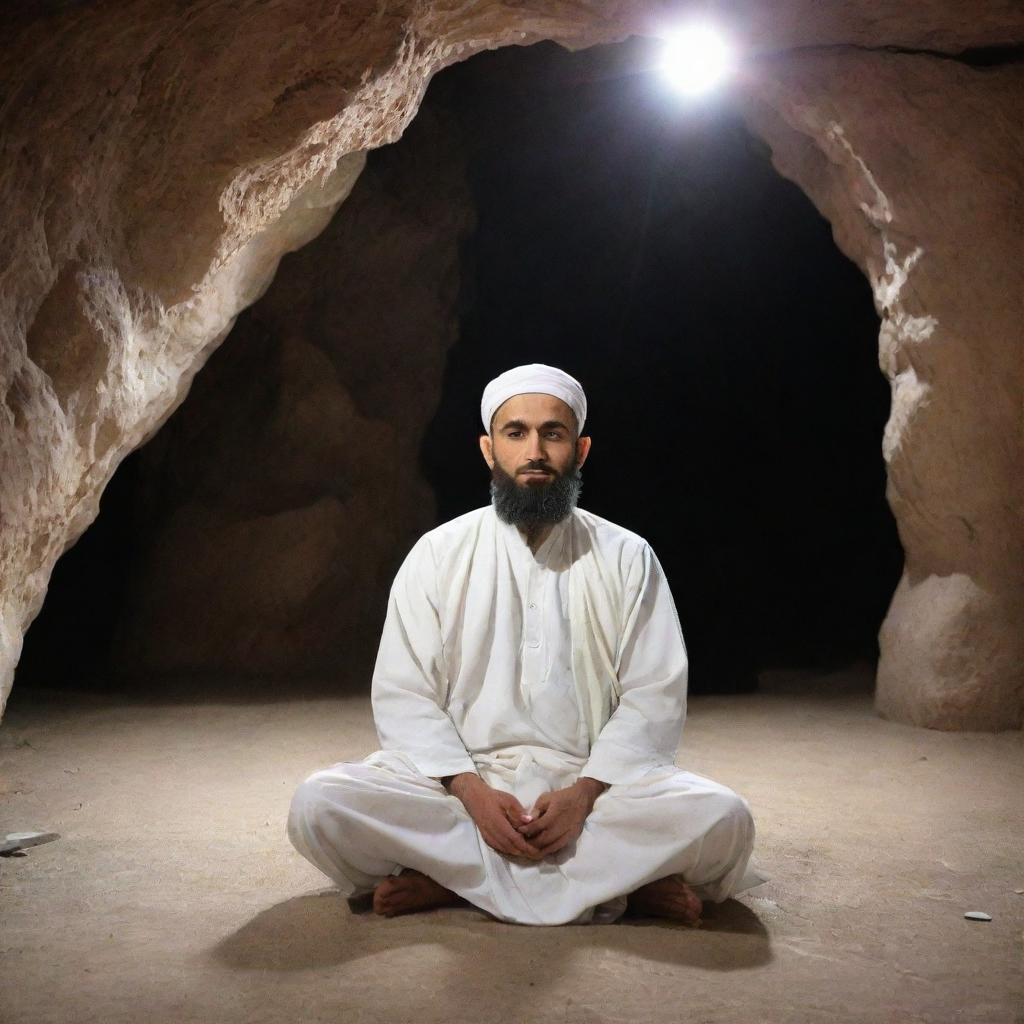 Prophet Muhammad in deep meditation inside the Hira cave