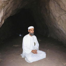 Prophet Muhammad in deep meditation inside the Hira cave