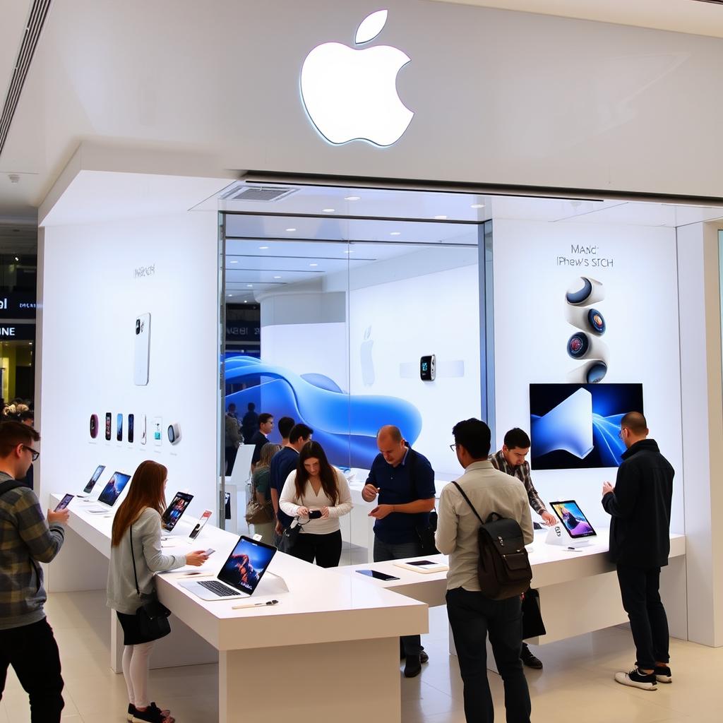 A sleek, modern Apple store display showcasing a variety of Apple products including the latest iPhone, MacBook, iPad, and Apple Watch