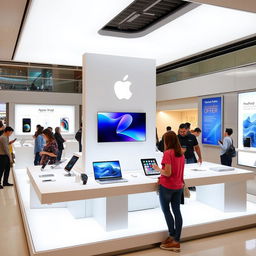 A sleek, modern Apple store display showcasing a variety of Apple products including the latest iPhone, MacBook, iPad, and Apple Watch