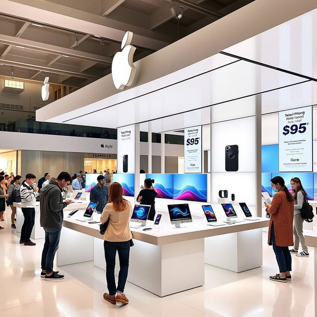 A sleek, modern Apple store display showcasing a variety of Apple products including the latest iPhone, MacBook, iPad, and Apple Watch