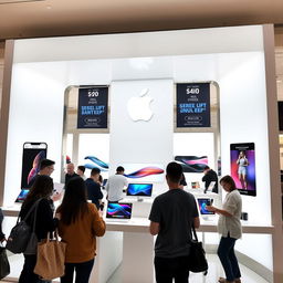 A sleek, modern Apple store display showcasing a variety of Apple products including the latest iPhone, MacBook, iPad, and Apple Watch