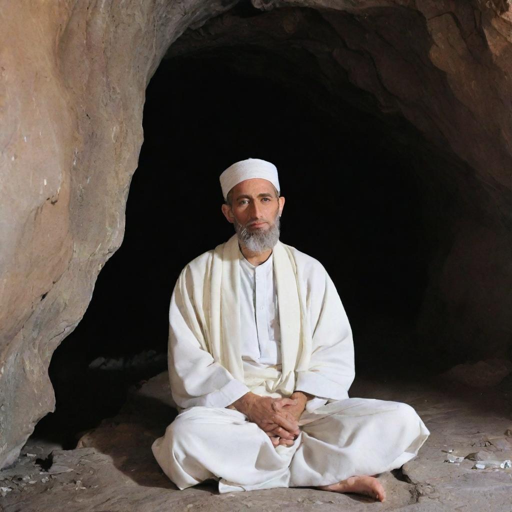 Prophet Muhammad in deep meditation inside the Hira cave