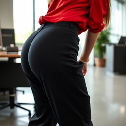 An extreme close-up of a perfectly shaped buttocks bending over a desk in an office environment