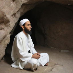 Prophet Muhammad in deep meditation inside the Hira cave