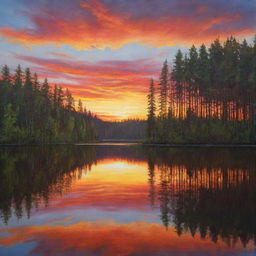 A vibrant, warm-hued sunset painting the sky, reflecting on a calm mirror-like lake with serene forest on its shore.