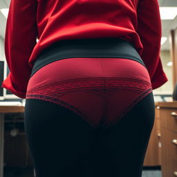 An extreme close-up of a round booty bending over a desk in an office setting