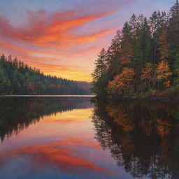 A vibrant, warm-hued sunset painting the sky, reflecting on a calm mirror-like lake with serene forest on its shore.