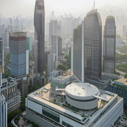 A daytime aerial view of two helicopters situated atop the helipad of the Police Headquarters, located in the heart of a bustling central business district, amidst a cityscape of towering structures.