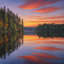 A vibrant, warm-hued sunset painting the sky, reflecting on a calm mirror-like lake with serene forest on its shore.