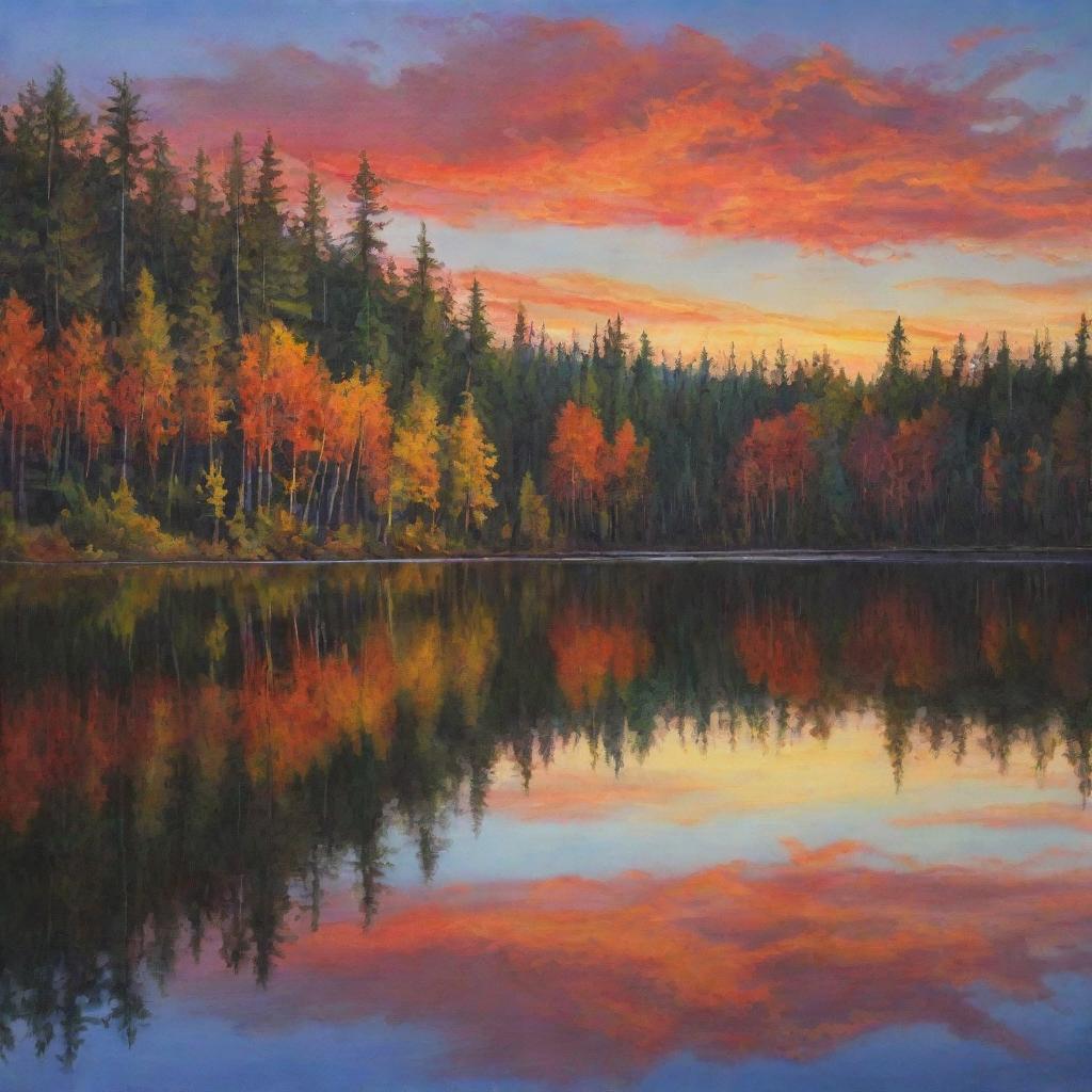 A vibrant, warm-hued sunset painting the sky, reflecting on a calm mirror-like lake with serene forest on its shore.