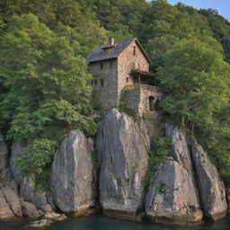 A rustic stone house majestically perched on a large rock, encapsulated by a serene, verdant forest.