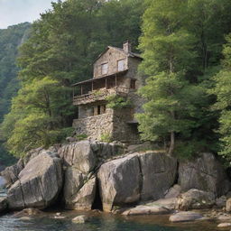 A rustic stone house majestically perched on a large rock, encapsulated by a serene, verdant forest.